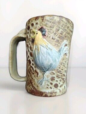 Small Artsy Handcrafted 3-D Rooster Relief Ceramic Mug Blue, Brown, Creamy Yelow
